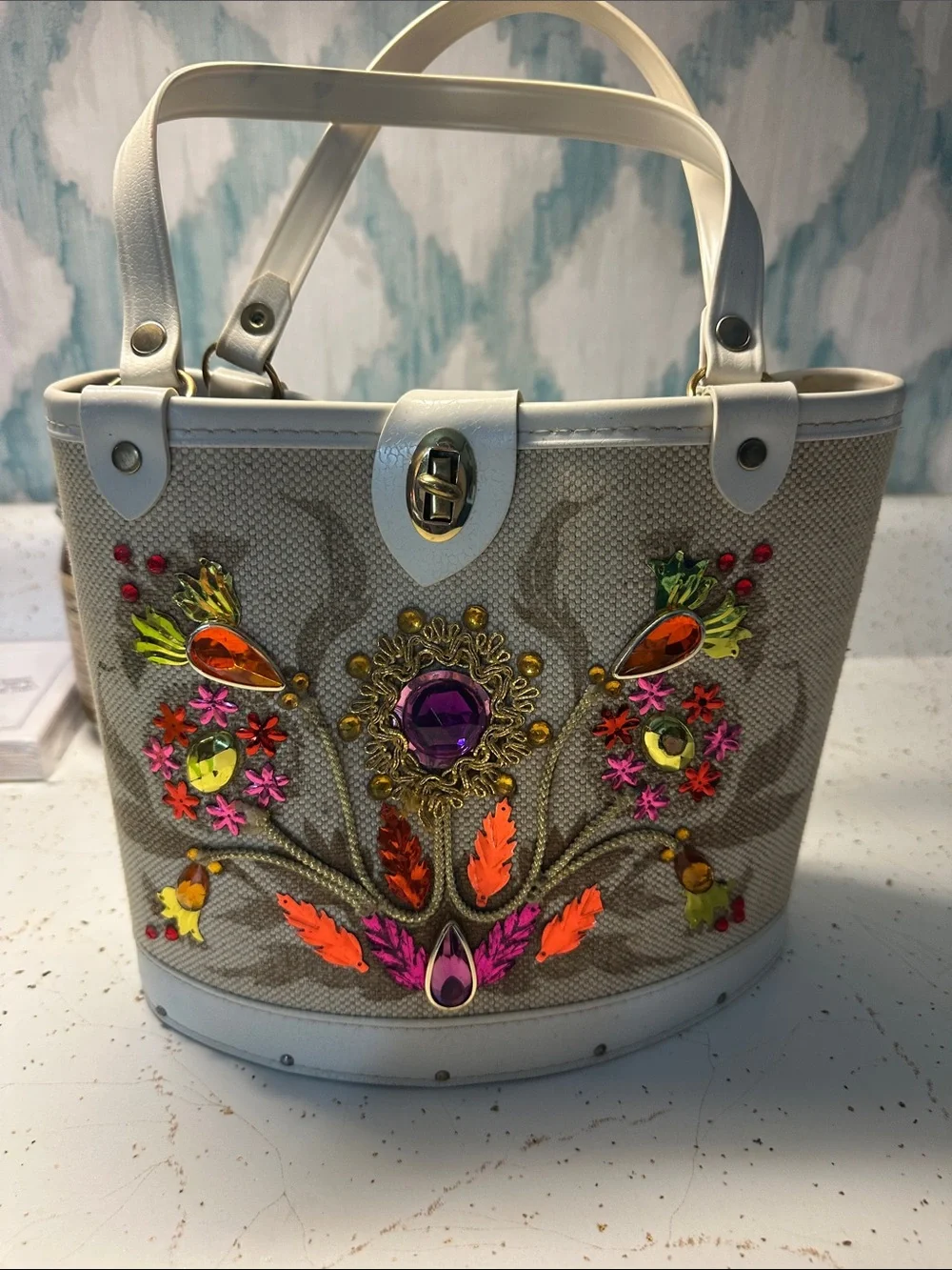 Enid Collin’s like Embellished Floral Jeweled Tote Bag in Cream and Multicolor